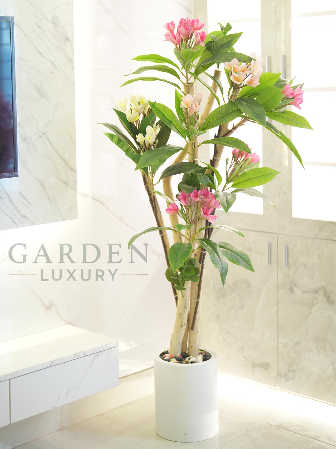Enhance your interior with the timeless beauty of our Premium Artificial Kathgolap Plant (5 Feet). Designed to bring a touch of nature into your space, this stunning artificial plant is crafted with a real wooden trunk that has undergone special treatment for durability. The vibrant pink and white flowers, combined with lush green leaves, create a lifelike and refreshing aesthetic. Perfect for living rooms, offices, hotels, and luxury spaces, this artificial Kathgolap tree requires zero maintenance while maintaining a fresh and elegant look all year round. The fiberglass pot with a premium stone finish adds a modern and natural touch, making it a sophisticated décor piece for any environment. Enhance your interior with the timeless beauty of our Premium Artificial Kathgolap Plant (5 Feet). Designed to bring a touch of nature into your space, this stunning artificial plant is crafted with a real wooden trunk that has undergone special treatment for durability. The vibrant pink and white flowers, combined with lush green leaves, create a lifelike and refreshing aesthetic. Perfect for living rooms, offices, hotels, and luxury spaces, this artificial Kathgolap tree requires zero maintenance while maintaining a fresh and elegant look all year round. The fiberglass pot with a premium stone finish adds a modern and natural touch, making it a sophisticated décor piece for any environment.