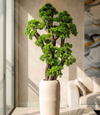 Imperial Zen Bonsai Tree – Luxury Signature Collection Material : High-density premium artificial pine foliage : Natural twisted wooden trunk design : Premium matte fiber luxury planter : Decorative white stone top finish Color : Deep Emerald Green : Natural Wood Brown : Soft Beige / Cream Planter Height