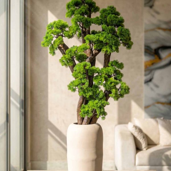 Imperial Zen Bonsai Tree – Luxury Signature Collection Material : High-density premium artificial pine foliage : Natural twisted wooden trunk design : Premium matte fiber luxury planter : Decorative white stone top finish Color : Deep Emerald Green : Natural Wood Brown : Soft Beige / Cream Planter Height