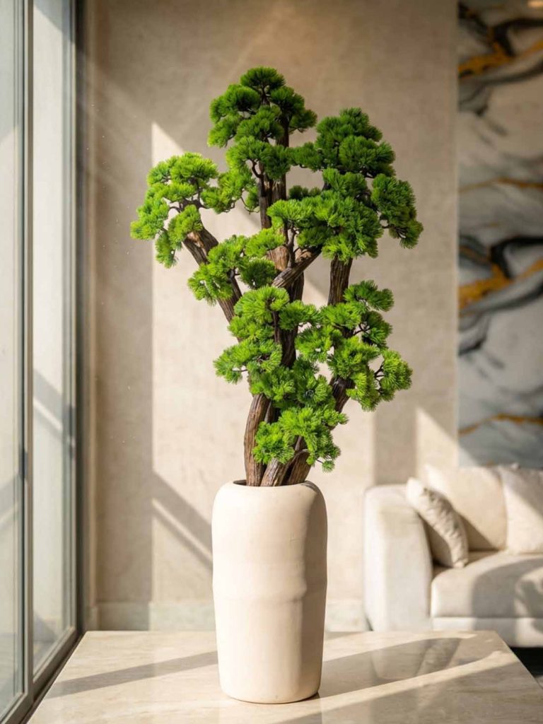 Imperial Zen Bonsai Tree – Luxury Signature Collection Material : High-density premium artificial pine foliage : Natural twisted wooden trunk design : Premium matte fiber luxury planter : Decorative white stone top finish Color : Deep Emerald Green : Natural Wood Brown : Soft Beige / Cream Planter Height